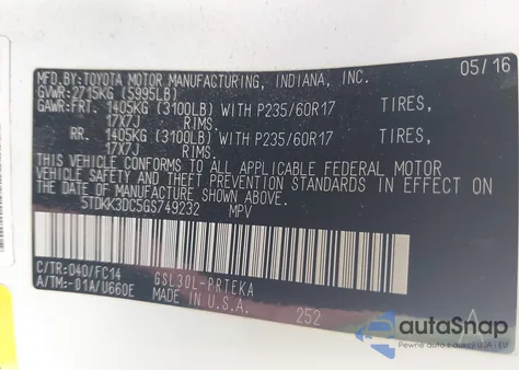 2016 Toyota Sienna Le 8 Passenger z USA, uszkodzony, nr VIN 5TDKK3DC5GS749232